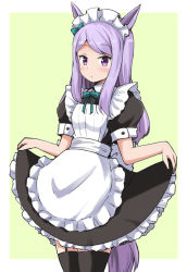Rule 34 | 1girl, aikawa ryou, alternate costume, animal ears, black thighhighs, bow, closed mouth, commentary, cowboy shot, dot mouth, enmaided, frills, green background, green bow, hair bow, horse ears, horse girl, horse tail, light blush, long hair, looking at viewer, maid, maid headdress, mejiro mcqueen (umamusume), puffy short sleeves, puffy sleeves, purple eyes, purple hair, short sleeves, simple background, skirt hold, solo, tail, thighhighs, umamusume, white background, yellow background