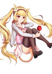 Rule 34 | 1girl, absurdly long hair, absurdres, animal ears, bad id, bad pixiv id, bell, black thighhighs, blonde hair, blush, breasts, candy apple, cat ears, cleavage, closed mouth, food, hair bell, hair ornament, highres, large breasts, long hair, looking at viewer, mira-sumter, original, red eyes, smile, solo, thighhighs, twintails, very long hair