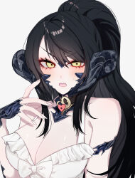 1girl artist_request au_ra black_hair blush breasts cleavage commission dragon_horns dress eyebrows_hidden_by_hair final_fantasy final_fantasy_xiv hair_between_eyes highres horns large_breasts long_hair looking_at_viewer makeup open_mouth ponytail sapphira_nyx scales second-party_source simple_background solo sweatdrop upper_body variant_set warrior_of_light_(ff14) white_background white_dress yellow_eyes