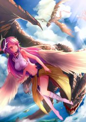 Rule 34 | 10s, 1girl, angel wings, breasts, spiked halo, dragon, feathered wings, halo, highres, jibril (no game no life), kira (artist), large breasts, long hair, low wings, magic circle, midriff, navel, no game no life, pink hair, solo focus, white wings, wings
