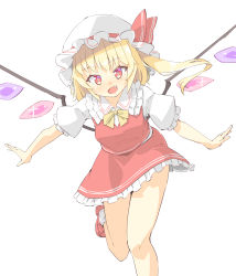 Rule 34 | 1girl, arnest, blonde hair, bow, bowtie, crystal, fang, flandre scarlet, flower, frilled skirt, frills, hat, hat ribbon, highres, leg up, looking at viewer, mob cap, one side up, open mouth, red eyes, red flower, red ribbon, red skirt, red vest, ribbon, shirt, short sleeves, simple background, skirt, smile, solo, touhou, vest, white background, white hat, white legwear, white shirt, wings, yellow bow, yellow bowtie