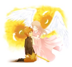 Rule 34 | age difference, angel wings, arano hachi, bad id, bad pixiv id, boots, brown hair, claus (mother 3), dress, feathers, flower, ghost, head hold, hinawa, kneeling, long hair, mother (game), mother 3, mother and son, nintendo, orange hair, spoilers, sunflower, sword, tears, weapon, wings