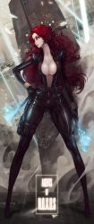 Rule 34 | 1girl, avengers (series), baton, belt, big hair, black gloves, black widow, black widow (cosplay), bodysuit, breasts, bullet hole, catsuit, center opening, cleavage, collarbone, cosplay, curly hair, dual wielding, duto, full-length zipper, full body, gloves, glowing, glowing weapon, hand on own hip, highres, holding, holding weapon, holster, impossible bodysuit, impossible clothes, katarina (league of legends), knife, large breasts, league of legends, legs apart, light particles, light rays, lips, long hair, long sleeves, looking away, looking to the side, marvel, mole, mole on breast, no bra, pouch, red hair, scar, scar across eye, scar on face, signature, skin tight, smoke, solo, standing, sweat, thigh strap, unzipped, view between legs, weapon, zipper