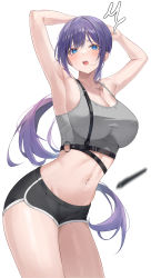 Rule 34 | 1girl, armpits, arms up, bare arms, bare shoulders, black shorts, blue eyes, breasts, butterfly tattoo, chest harness, cleavage, contrapposto, cowboy shot, crop top, dolphin shorts, grey shirt, harness, highres, large breasts, long hair, looking at viewer, micro shorts, midriff, mrr 05, navel, neck tattoo, open mouth, original, ponytail, purple hair, shirt, short shorts, shorts, sidelocks, sleeveless, sleeveless shirt, solo, spaghetti strap, stomach, sweat, tattoo, taut clothes, taut shirt, thighs, very long hair, yuna (biya (1024))