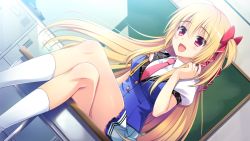 Rule 34 | 1girl, :d, blazer, blonde hair, blush, bow, classroom, crossed legs, dutch angle, feet out of frame, female focus, fuyuichi monme, game cg, hair bow, highres, indoors, jacket, kneehighs, long hair, necktie, official art, one side up, open mouth, red bow, red eyes, red necktie, ren&#039;ai karichaimashita, school uniform, segawa emi, shirt, sitting, skirt, smile, socks, solo, white shirt, white skirt, white socks