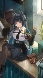 1girl absurdres animal_ear_fluff animal_ears black_gloves black_hair black_necktie black_pantyhose blunt_bangs crossed_legs desk dress_shirt eating fingerless_gloves fox_ears fox_girl gauntlets gloves green_jacket highres hoshimi_miyabi indoors jacket long_hair looking_at_viewer necktie on_desk pantyhose red_eyes shirt sidelocks single_fingerless_glove sitting solo sorajang11 white_shirt zenless_zone_zero