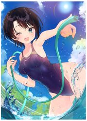 Rule 34 | 1girl, bare arms, bare shoulders, black hair, blue eyes, blue one-piece swimsuit, blue sky, blush, border, breasts, character name, clothes writing, cloud, commentary request, competition swimsuit, contrail, day, diffraction spikes, hand up, highleg, highleg swimsuit, highres, holding, holding hose, hololive, hose, lens flare, looking at viewer, medium breasts, one-piece swimsuit, one eye closed, oozora subaru, open mouth, outdoors, outstretched arm, rei toba, short hair, simple bird, sky, smile, solo, splashing, sun, swimsuit, tree, virtual youtuber, wading, water, water drop, white border