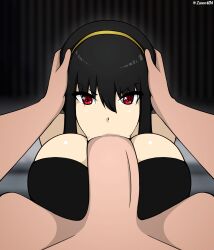 Rule 34 | animated, animated gif, black dress, black hair, bouncing breasts, breast press, breasts, dress, fellatio, hair between eyes, hands on another&#039;s head, highres, huge breasts, large penis, long hair, oral, penis, red eyes, spy x family, yor briar, zonen404