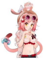 Rule 34 | 1girl, animal, animal ears, animal on head, arata haru, arknights, bikini, bikini top only, black shorts, blush, cat, cat ears, cat girl, cat tail, commentary, cowboy shot, cropped legs, dot nose, food-themed hair ornament, goldenglow (arknights), goldenglow (summer flowers) (arknights), hair ornament, hat, highres, infection monitor (arknights), looking at viewer, nervous, on head, pink cat, pink hair, purple-tinted eyewear, short hair, shorts, simple background, solo, steepled fingers, straw hat, sunglasses, swimsuit, swimsuit cover-up, tail, tinted eyewear, watermelon hair ornament, white background, white bikini, yellow eyes