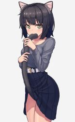 Rule 34 | 1girl, animal ear fluff, animal ears, bad id, bad twitter id, belt, belt buckle, between legs, biting, biting own tail, black hair, blue skirt, blush, breasts, buckle, cat ears, cat girl, cat tail, closed mouth, collarbone, commentary, green eyes, grey background, grey shirt, highres, holding tail, long hair, long sleeves, looking at viewer, medium breasts, medium skirt, original, pleated skirt, shirt, simple background, skirt, slit pupils, solo, tail, tail between legs, tail biting, tail raised, white belt, wozora