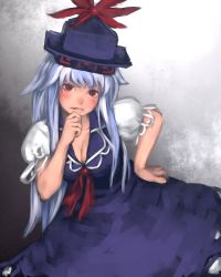 Rule 34 | 1girl, blue dress, blue hat, blush, breasts, cleavage, commentary request, cowboy shot, dress, envenomist (gengoroumaru), gradient background, grey background, hand on own hip, hat, kamishirasawa keine, large breasts, leaning forward, leaning to the side, long hair, looking at viewer, multicolored hair, one-hour drawing challenge, parted lips, pinafore dress, puffy short sleeves, puffy sleeves, red eyes, red ribbon, ribbon, short sleeves, silver hair, simple background, sleeveless, sleeveless dress, solo, streaked hair, touhou, v-shaped eyebrows, very long hair