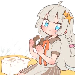 Rule 34 | 1girl, :t, ahoge, blue eyes, blush, braid, brown skirt, closed mouth, collared shirt, copyright request, doughnut, eating, food, grey hair, grey shirt, hands up, holding, holding food, kuroshiro gurei, long hair, looking at viewer, neck ribbon, orange ribbon, pastry box, puffy short sleeves, puffy sleeves, ribbon, shirt, short sleeves, single braid, skirt, solo, striped clothes, striped skirt, vertical-striped clothes, vertical-striped skirt, very long hair, white background