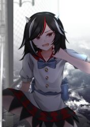 Rule 34 | 1girl, arm up, black hair, blue bow, blue bowtie, blurry, blurry background, bow, bowtie, buttons, chain-link fence, cloud, collarbone, depth of field, dress, eyebrows hidden by hair, fang, fence, flat chest, furrowed brow, highres, horns, kijin seija, leg up, looking at viewer, mashiba lei, medium hair, multicolored hair, open mouth, outdoors, overcast, puffy short sleeves, puffy sleeves, red eyes, short sleeves, sky, solo, streaked hair, touhou, tsurime, white dress