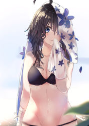 Rule 34 | 1girl, absurdres, ahoge, bandaged arm, bandages, beach, bikini, black bikini, black hair, blue eyes, blue flower, blurry, blurry foreground, breasts, cleavage, collarbone, commentary request, covering own mouth, flower, groin, highres, looking at viewer, medium breasts, navel, original, out-of-frame censoring, outdoors, short hair with long locks, smile, solo, soranagi yuki, swimsuit, towel, towel on head, upper body