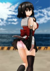 Rule 34 | 10s, 1girl, ass, asymmetrical legalese, black hair, black thighhighs, blurry, blurry background, breasts, brown eyes, cloud, day, elbow gloves, fingerless gloves, gloves, hair ornament, highres, kantai collection, kinnan, looking back, medium hair, miniskirt, obi, open mouth, panties, pantyshot, pink panties, sash, sendai (kancolle), sendai kai ni (kancolle), side-tie panties, sideboob, single thighhigh, skirt, skirt grab, skirt tug, sky, standing, thighhighs, two side up, underwear, wind, wind lift