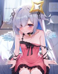 Rule 34 | 1girl, absurdres, amane kanata, angel, angel wings, bare shoulders, blue hair, blush, bu leike, choker, colored inner hair, feathered wings, flat chest, from above, grey hair, hair over one eye, hair ribbon, highres, hololive, long hair, looking at viewer, multicolored hair, nightgown, pink nightgown, purple eyes, ribbon, sitting, smile, solo, strap slip, thighhighs, two side up, virtual youtuber, white thighhighs, wings, zettai ryouiki