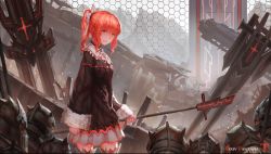 Rule 34 | 1girl, copyright name, from side, high ponytail, highres, holding, holding weapon, long hair, looking at viewer, pixiv fantasia, pixiv fantasia t, red eyes, red hair, solo, weapon, zeixique