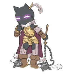 Rule 34 | 1boy, animal ears, armor, belt, belt buckle, black skin, boots, breastplate, buckle, cape, cat ears, chaps, codpiece, colored skin, faulds, feather hair ornament, flail, full body, fur-trimmed cape, fur trim, glowing, glowing eyes, hair ornament, holding, holding weapon, lowres, medieval, neck ruff, original, purple cape, purple eyes, simple background, solo, spikes, standing, sweat, tosx, vambraces, weapon, white background
