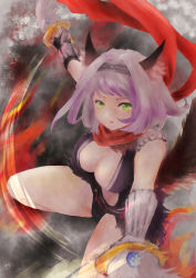 Rule 34 | 1girl, absurdres, animal ears, armor, assassin cross (ragnarok online), black gloves, black hairband, black leotard, breasts, cleavage, commentary request, dagger, dual wielding, foot out of frame, fox ears, fox girl, fox tail, gloves, green eyes, hair intakes, hairband, highres, holding, holding dagger, holding knife, holding weapon, knife, large breasts, leotard, looking at viewer, open mouth, pauldrons, purple hair, ragnarok masters, ragnarok online, red scarf, revealing clothes, scarf, short hair, shoulder armor, solo, tail, tarath, vambraces, weapon