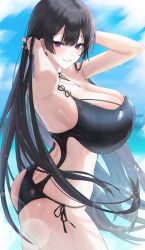 Rule 34 | 1girl, absurdres, armpits, arms up, ass, black hair, black one-piece swimsuit, blush, breasts, commentary, commission, english commentary, from side, highres, huge breasts, jewelry, looking at viewer, looking to the side, merumeko, necklace, one-piece swimsuit, original, outdoors, parted lips, purple eyes, smile, swimsuit