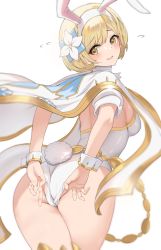 Rule 34 | 1girl, adjusting clothes, adjusting leotard, animal ears, ass, blonde hair, blush, bob cut, breasts, commentary request, commission, djeeta (granblue fantasy), ev (dai00888), fake animal ears, fake tail, from behind, granblue fantasy, highres, leotard, medium breasts, open mouth, playboy bunny, rabbit ears, sage (granblue fantasy), short hair, sideboob, simple background, skeb commission, solo, tail, white background, white leotard, wrist cuffs
