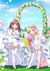 Rule 34 | 2girls, age difference, arch, blonde hair, blue bow, blue eyes, blue hair, bow, braid, bridal veil, brown eyes, brown hair, cloud, commentary request, day, detached sleeves, dress, floral arch, flower, frilled dress, frills, garter straps, high heels, layered dress, long hair, multiple girls, onee-loli, original, outdoors, pan (mimi), petals, pink flower, pink rose, pleated dress, puffy short sleeves, puffy sleeves, rose, sample watermark, see-through, shoes, short sleeves, single braid, skindentation, standing, standing on one leg, strapless, strapless dress, stuffed animal, stuffed rabbit, stuffed toy, thighhighs, two side up, veil, watermark, wedding dress, white dress, white flower, white footwear, white legwear, white rose, white sleeves, wife and wife, yuri
