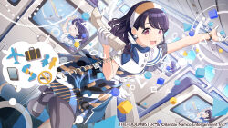 Rule 34 | airplane interior, black hair, black pantyhose, blue dress, commentary request, dress, dutch angle, earrings, fangs, flight attendant, fukumaru koito, gloves, hair down, hairband, half gloves, high heels, idolmaster, idolmaster shiny colors, jewelry, looking at viewer, monitor, official art, pantyhose, purple eyes, skin fangs, swept bangs, travel attendant, white gloves