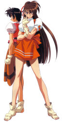 Rule 34 | 1990s (style), 2girls, absurdres, adjusting clothes, adjusting gloves, anna miller, black hair, brown hair, clenched hand, fingerless gloves, gloves, hair ribbon, high ponytail, highres, kimura takahiro, long hair, mole, mole under eye, multiple girls, official art, profile, puffy sleeves, retro artstyle, ribbon, short hair, short sleeves, simple background, skirt, standing, takeuchi yuka, toeless footwear, toes, underbust, v-shaped eyebrows, variable geo, waitress, white background, yajima satomi
