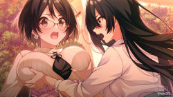 Rule 34 | 2girls, grabbing another&#039;s breast, breasts, brown eyes, character request, copyright name, earrings, flower earrings, glasses, grabbing, groping breast, jewelry, large breasts, long hair, multiple girls, short hair, since memories, since memories hoshi no sora no shita de, tagme, yuri
