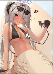Rule 34 | 1girl, absurdres, anger vein, angry, arm support, bikini, black bikini, black choker, black gloves, black ribbon, blue archive, breasts, choker, clenched hand, eyes visible through hair, eyewear on head, gloves, grey hair, hair ribbon, halo, highres, iori (blue archive), iori (swimsuit) (blue archive), long hair, looking at viewer, medium breasts, mermaid, monster girl, monsterification, multi-strapped bikini bottom, navel, official alternate costume, pointy ears, red eyes, ribbon, ryou (ryo 217cafe), sitting, solo, sunglasses, swimsuit, tail, twintails