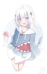 Rule 34 | 1girl, :d, absurdres, blue eyes, blue hair, blush, claw pose, commentary request, cropped legs, drawstring, fins, fish tail, gawr gura, gawr gura (1st costume), hair ornament, hand up, highres, hololive, hololive english, long hair, long sleeves, looking at viewer, mayogii, multicolored hair, open mouth, shark tail, sharp teeth, signature, simple background, sleeves past fingers, sleeves past wrists, smile, solo, streaked hair, tail, teeth, two side up, virtual youtuber, white background, white hair, wide sleeves
