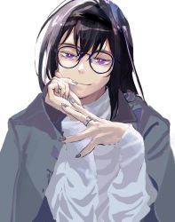 Rule 34 | 1girl, akemi homura, black hair, black hairband, bright pupils, closed mouth, commentary request, elbow rest, glasses, grey jacket, hairband, hands up, head tilt, highres, jacket, jacket on shoulders, jewelry, koyomania, long hair, long sleeves, looking at viewer, mahou shoujo madoka magica, mahou shoujo madoka magica (anime), purple eyes, ring, shirt, silver nails, simple background, smile, solo, upper body, white background, white pupils, white shirt