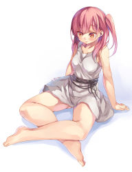 Rule 34 | 1girl, barefoot, dress, feet, indian style, crossed legs, magi the labyrinth of magic, mikage sekizai, morgiana, red eyes, red hair, short hair, side ponytail, sitting, solo
