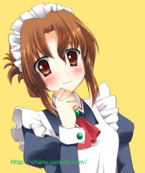 Rule 34 | 00s, 1girl, blush, brown eyes, brown hair, chany, clenched hand, folded ponytail, hand on own chin, hayate no gotoku!, juliet sleeves, long sleeves, lowres, maid, maid headdress, maria (hayate no gotoku!), puffy sleeves, short hair, sidelocks, simple background, smile, solo, upper body, watermark, yellow background