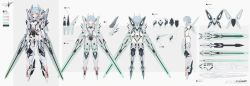 Rule 34 | 1girl, aqua eyes, arm blade, armor, arms at sides, arrow (symbol), barcode, barcode tattoo, blue hair, character sheet, covered navel, donxxxs, flat color, from behind, from side, gradient hair, highres, lineart, looking at viewer, mecha musume, multicolored hair, original, pink hair, short hair, tattoo, two-tone hair, weapon, white background