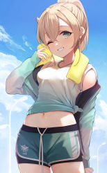 Rule 34 | 1girl, blonde hair, blue sky, blush, breasts, cloud, cloudy sky, commentary request, cowengium, day, fingernails, gradient clothes, gym uniform, highres, hololive, jacket, kazama iroha, lips, long hair, looking at viewer, medium breasts, midriff, navel, off shoulder, one eye closed, open clothes, open jacket, outdoors, parted lips, ponytail, shiny skin, shorts, simple background, sky, sleeves past wrists, smile, solo, spandex, towel, towel around neck, track jacket, virtual youtuber