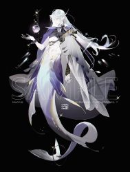 Rule 34 | 1boy, ahoge, aoseagrass, black background, black gloves, blue skin, cape, closed mouth, colored skin, ear piercing, fins, full body, gloves, grey cape, half gloves, hand up, head fins, highres, image sample, jewelry, long hair, looking at viewer, male focus, merman, monster boy, multicolored skin, original, piercing, purple eyes, purple skin, ring, sample watermark, scales, simple background, single glove, solo, watermark, white hair, white scales, white skin, yellow skin