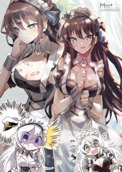 Rule 34 | 3girls, azur lane, bandaid, bandaid on breast, bandaid on neck, bare shoulders, belfast (azur lane), blue eyes, breasts, brown hair, cleavage, collar, commission, cuffs, detached collar, detached sleeves, dress, frilled collar, frills, green eyes, hat, hermione (azur lane), highres, large breasts, long hair, maid, maid headdress, multiple girls, mumu (bloody johnson), newcastle (azur lane), open mouth, parted lips, shackles, short sleeves, smile, sweat, white hair