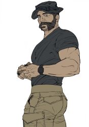Rule 34 | 1boy, ass, bara, beard, black hair, black shirt, bonjourdraws, brown pants, call of duty, call of duty: modern warfare 2, captain price, cigar, facial hair, hat, highres, holding, holding cigar, large pectorals, looking at viewer, male focus, muscular, muscular male, pants, pectorals, shirt, short hair, simple background, solo, watch, white background, wristwatch