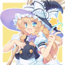 Rule 34 | 1girl, alternate eye color, apron, aqua eyes, arm strap, bad id, bad pixiv id, black hat, black vest, blonde hair, blue eyes, blush, colorized, commentary request, eyes visible through hair, flat chest, fluffy, frilled hat, frilled ribbon, frills, gradient eyes, green eyes, hair between eyes, hair ribbon, hat, hat ribbon, highres, kirisame marisa, long hair, lucie, multicolored eyes, open mouth, outline, puffy short sleeves, puffy sleeves, purple ribbon, ribbon, shirt, short sleeves, smile, snapping fingers, solo, star (sky), suguni, touhou, tress ribbon, upper body, vest, white ribbon, white shirt, witch hat