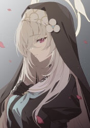 Rule 34 | 1girl, absurdres, black gloves, blue archive, blue neckerchief, commentary, gloves, gradient background, grey background, halo, highres, light smile, long hair, looking at viewer, neckerchief, nun, parted lips, petals, red eyes, sakurako (blue archive), seizou hidzuke, smile, solo, upper body, white hair