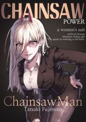 Rule 34 | 1girl, bent over, black background, black suit, blonde hair, breasts, chainsaw man, collarbone, collared shirt, cover, demon girl, demon horns, formal, hair between eyes, hand on own hip, horns, large breasts, long hair, looking back, magazine cover, power (chainsaw man), sharp teeth, shirt, skirt, solo, suit, teeth, thighhighs