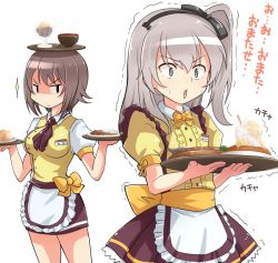 Rule 34 | 10s, 2girls, apron, ascot, black ascot, black ribbon, black skirt, bow, bowl, bowtie, brown eyes, brown hair, character name, closed mouth, coco&#039;s, collared shirt, cowboy shot, drink, food, frilled shirt, frills, girls und panzer, hair ribbon, holding, kitayama miuki, lace, lace-trimmed skirt, lace trim, light brown hair, long hair, looking at another, miniskirt, multiple girls, name tag, nishizumi maho, on head, open mouth, pencil skirt, pleated skirt, ribbon, shimada arisu, shirt, short hair, short sleeves, side ponytail, simple background, skirt, sparkle, standing, staring, striped clothes, striped skirt, sweatdrop, translated, tray, trembling, waist apron, white background, yellow bow, yellow bowtie, yellow shirt