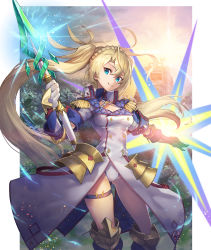 Rule 34 | 1girl, blonde hair, blue eyes, boots, bradamante (fate), bradamante (second ascension) (fate), braid, closed mouth, coat, cowboy shot, crown braid, epaulettes, fate/grand order, fate (series), gloves, highres, holding, holding polearm, holding spear, holding weapon, knee boots, leotard, long hair, looking at viewer, md5 mismatch, nakamura eight, parted bangs, polearm, popped collar, resolution mismatch, smile, solo, source smaller, spear, standing, thighlet, twintails, weapon, white gloves, white leotard