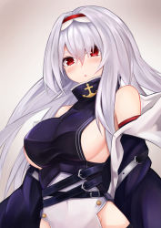 Rule 34 | 1girl, arms at sides, azur lane, bare shoulders, belt, belt buckle, black coat, blush, breasts, buckle, clothing cutout, coat, colorado (azur lane), covered navel, dress, gradient background, groin, hair between eyes, hair intakes, hair over one eye, hairband, highres, large breasts, long hair, looking at viewer, off shoulder, parted lips, red eyes, ryara, side cutout, sideboob, sidelocks, simple background, sleeveless, sleeveless dress, solo, upper body, white hair