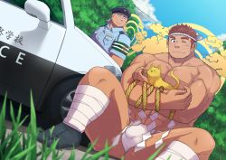 Rule 34 | 2boys, absurdres, animal, bandaged leg, bandages, bara, brown hair, car, cat, character request, commission, crossed legs, foot out of frame, fundoshi, grass, hachimaki, haishiba ame, halo, halo behind head, hat, headband, highres, holding, holding animal, japanese clothes, looking at another, male focus, motor vehicle, multiple boys, muscular, muscular male, official alternate costume, one eye closed, police, police car, police hat, police uniform, policeman, rope, short hair, sideburns, sitting, skeb commission, sky, smile, spread legs, thick thighs, thighs, tokyo houkago summoners, topless male, uniform