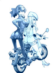 Rule 34 | 2girls, :o, absurdres, ankle boots, blue theme, boots, bow, closed mouth, coat, denim, denim shorts, flat cap, from behind, full body, girls und panzer, girls und panzer ribbon no musha, gloves, hair bow, hand on own hip, hat, headband, high heel boots, high heels, highres, jacket, long hair, long sleeves, looking at viewer, looking back, matsukaze rin, monochrome, motor vehicle, motorcycle, multiple girls, nogami takeshi, noped, pantyhose, parted lips, riding, short hair, short shorts, shorts, simple background, smile, socks, standing, swept bangs, tsuruki shizuka, white background