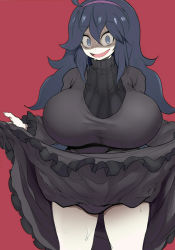 Rule 34 | 1girl, @ @, ahoge, alternate breast size, black hair, blue eyes, breasts, clothes lift, creatures (company), dress, eyebrows, fingernails, frilled dress, frills, game freak, hairband, hex maniac (pokemon), highres, huge breasts, kedamono kangoku-tou, lifting own clothes, messy hair, nervous smile, nintendo, npc trainer, open mouth, pokemon, pokemon xy, red background, sharp fingernails, skirt, skirt lift, smile, solo, sweat, sweater, thick thighs, thighs, turtleneck, turtleneck sweater