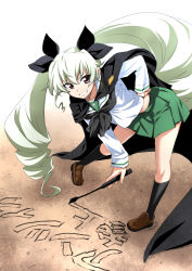 Rule 34 | 10s, 1girl, alternate costume, anchovy (girls und panzer), black cape, black neckerchief, black ribbon, black socks, blouse, brown footwear, cape, commentary, contrapposto, drill hair, full body, girls und panzer, green hair, green skirt, grin, hair ribbon, hand on own hip, highres, holding, holding riding crop, kneehighs, leaning to the side, loafers, long hair, long sleeves, looking at viewer, midriff, miniskirt, nakahira guy, neckerchief, ooarai school uniform, pleated skirt, red eyes, ribbon, riding crop, sand, sand writing, school uniform, serafuku, shirt, shoes, skirt, smile, socks, solo, standing, translated, twin drills, twintails, white shirt