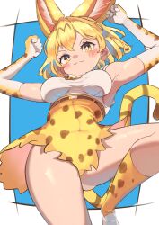 Rule 34 | 1girl, absurdres, animal ears, arms up, belt, blonde hair, blue background, bow, bowtie, cat ears, cat girl, cat tail, elbow gloves, extra ears, gloves, highres, kemono friends, looking at viewer, osnmykk, serval (kemono friends), shirt, shoes, short hair, simple background, skirt, sleeveless, sleeveless shirt, socks, solo, tail, yellow eyes